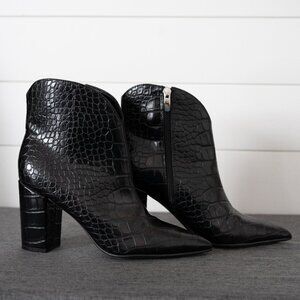 Nine West Womens Black Snakeskin Ankle Pointed Toe Chunky Heeled Boots Size 7
